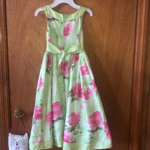 •BONNIE JEAN•GREEN & PINK FLORAL WITH POLKA DOT TRIM DETAIL DRESS SIZE 7 EUC - Picture 4 of 7